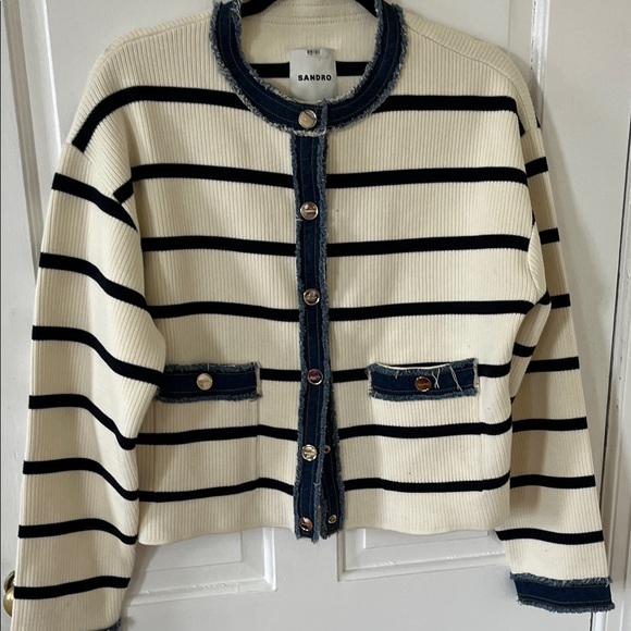 Sandro Cream Jacket with Black Stripes and Denim Trim - Picture 8 of 10